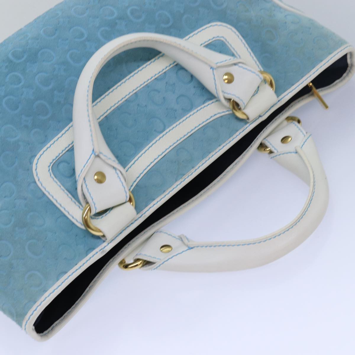 CELINE C Macadam Canvas Hand Bag Suede Light Blue White Auth 80260