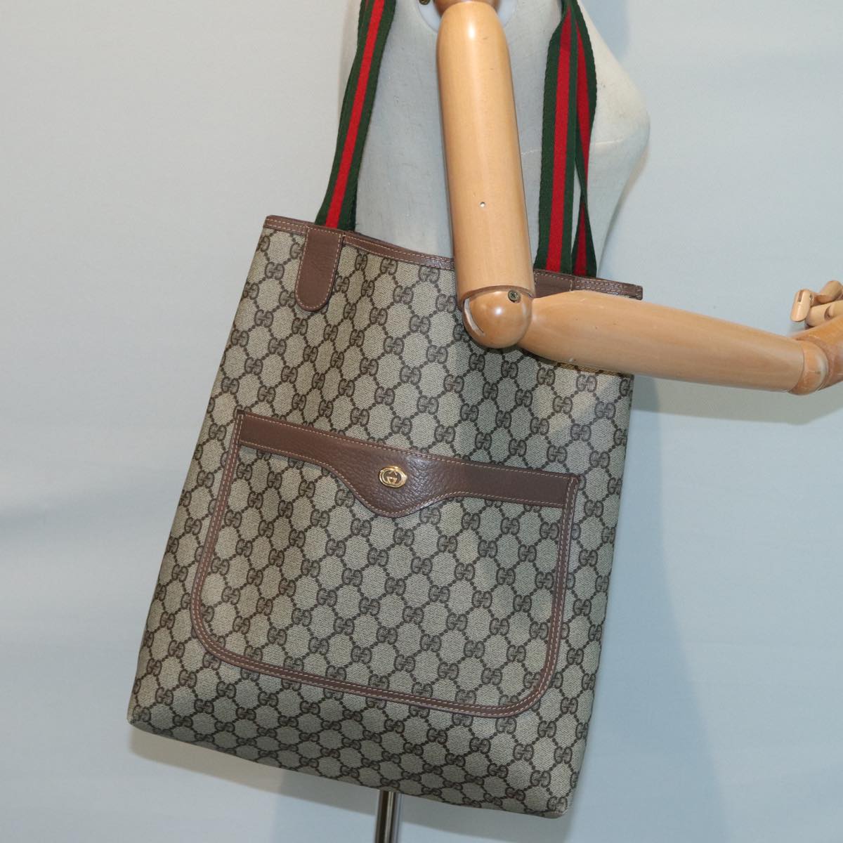 GUCCI GG Supreme Web Sherry Line Tote Bag PVC Beige 002 090 6487 Auth 80597