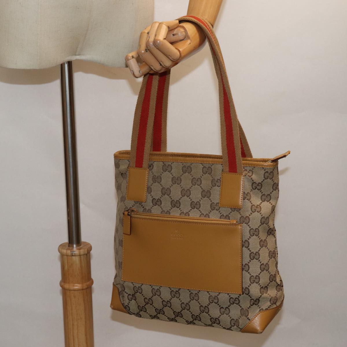 GUCCI GG Canvas Sherry Line Hand Bag Beige Red Brown 019 0402 Auth 80606