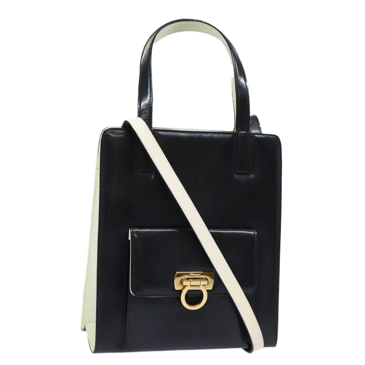 Salvatore Ferragamo Gancini Hand Bag Enamel 2way Black Auth 80608