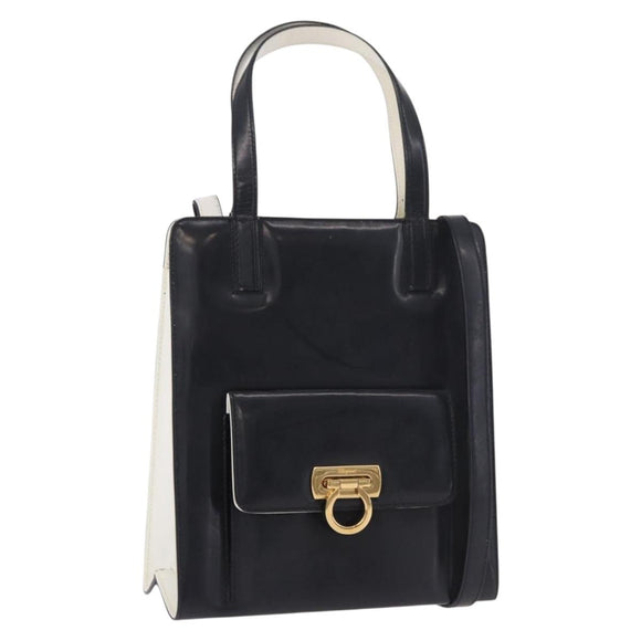 Salvatore Ferragamo Gancini Hand Bag Patent leather 2way Black Auth 80608