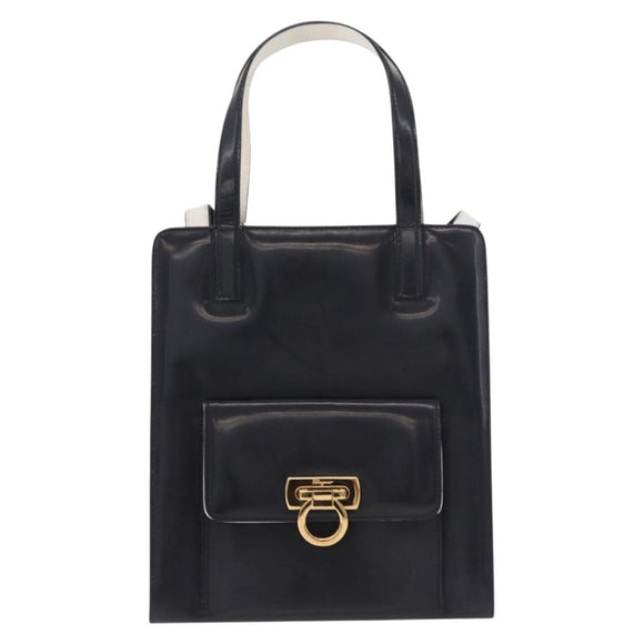 Salvatore Ferragamo Gancini Hand Bag Patent leather 2way Black Auth 80608