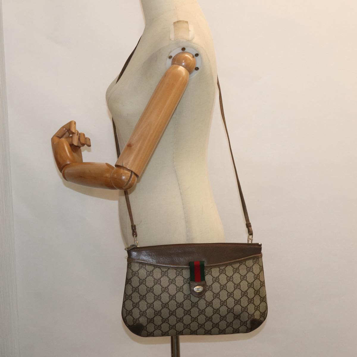 GUCCI GG Supreme Web Sherry Line Shoulder Bag PVC Beige Auth 80683