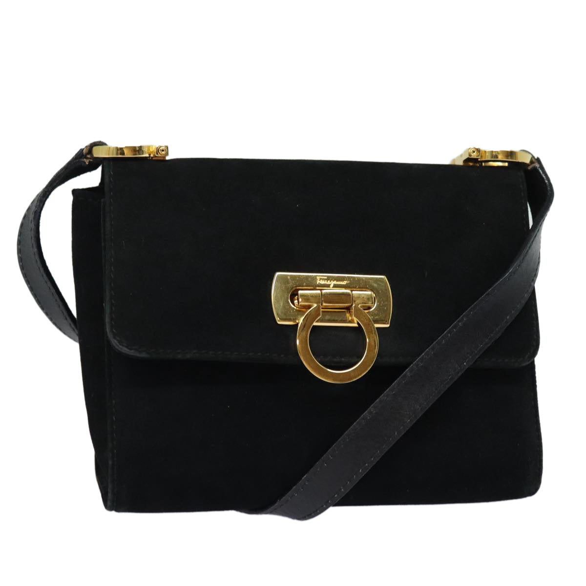 Salvatore Ferragamo Gancini Shoulder Bag Suede Black Auth 80709