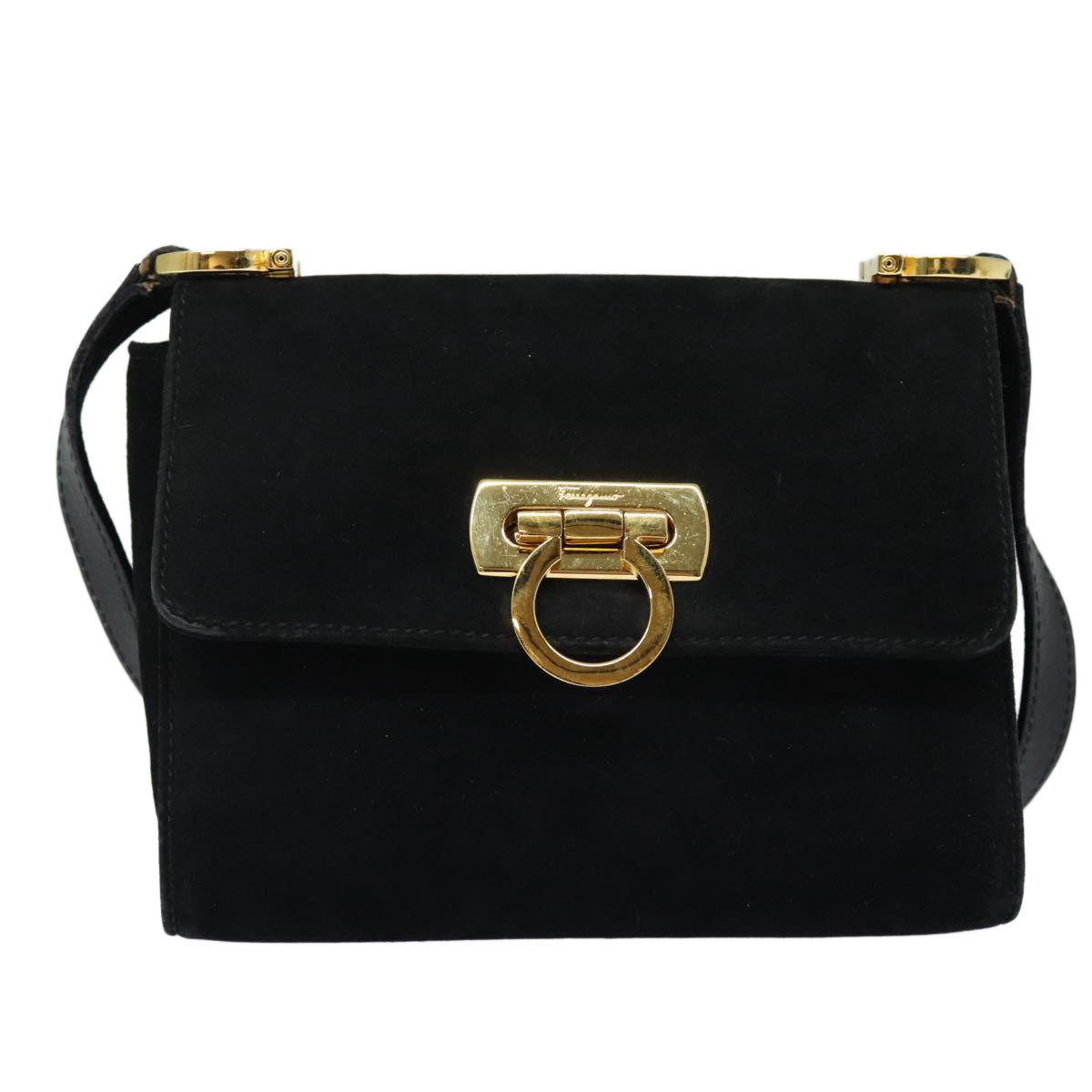 Salvatore Ferragamo Gancini Shoulder Bag Suede Black Auth 80709