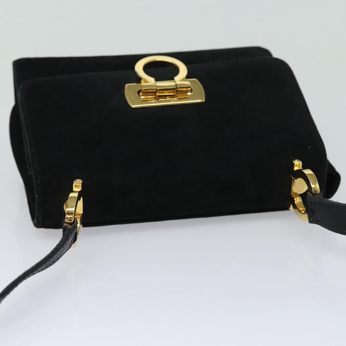 Salvatore Ferragamo Gancini Shoulder Bag Suede Black Auth 80709