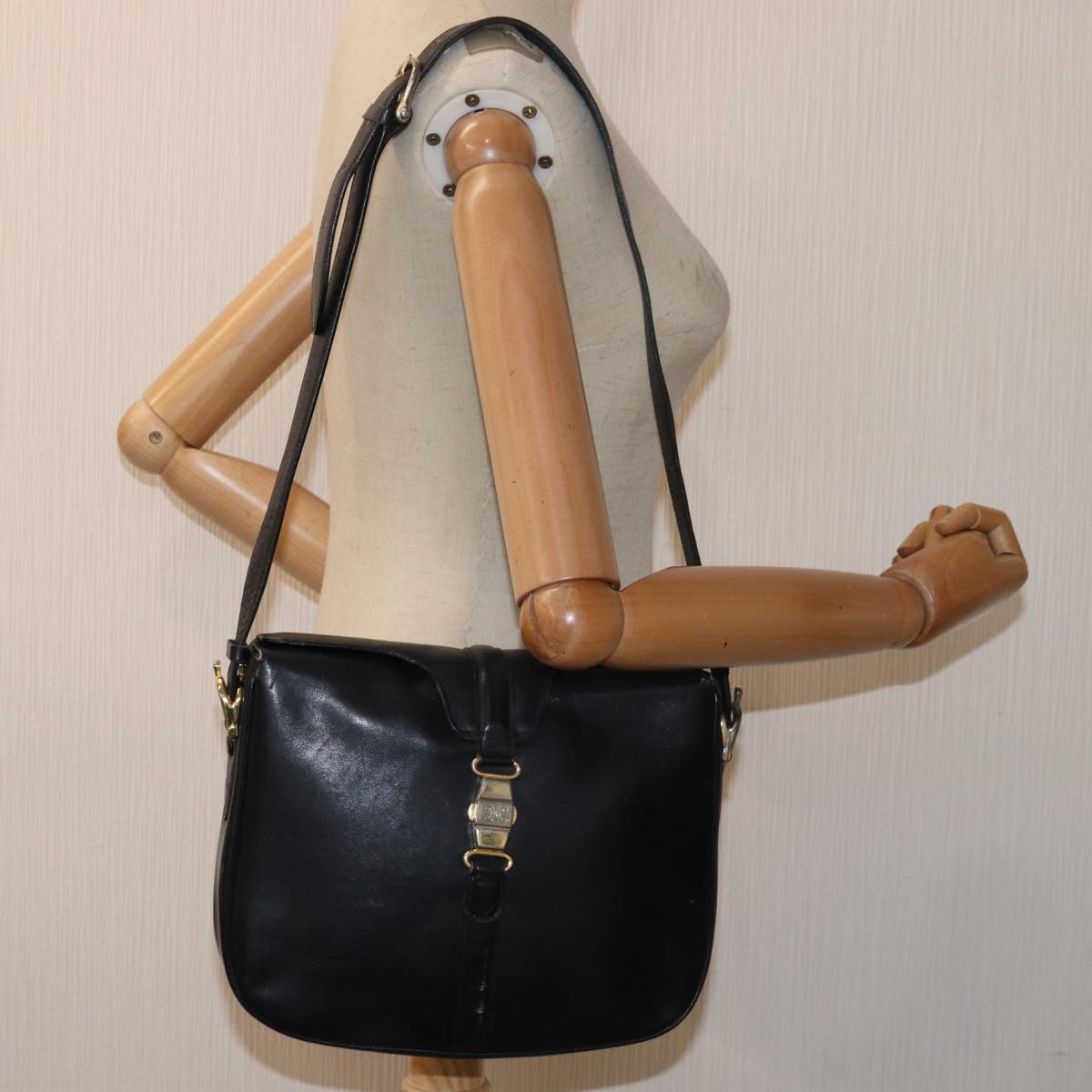 CELINE Shoulder Bag Leather Black Auth 80811