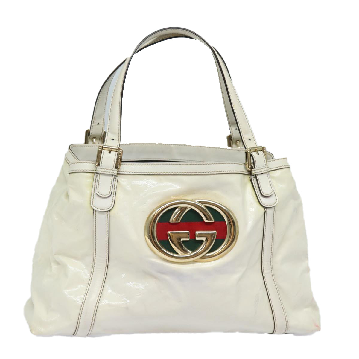 GUCCI Web Sherry Line Tote Bag Coated Canvas White Red Green 162094 Auth 80821