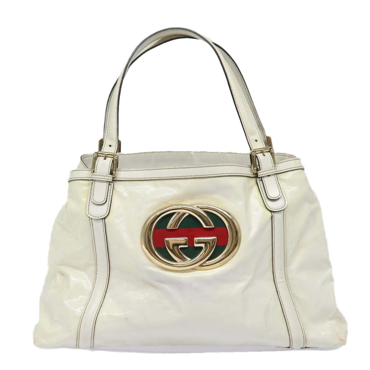 GUCCI Web Sherry Line Tote Bag Coated Canvas White Red Green 162094 Auth 80821