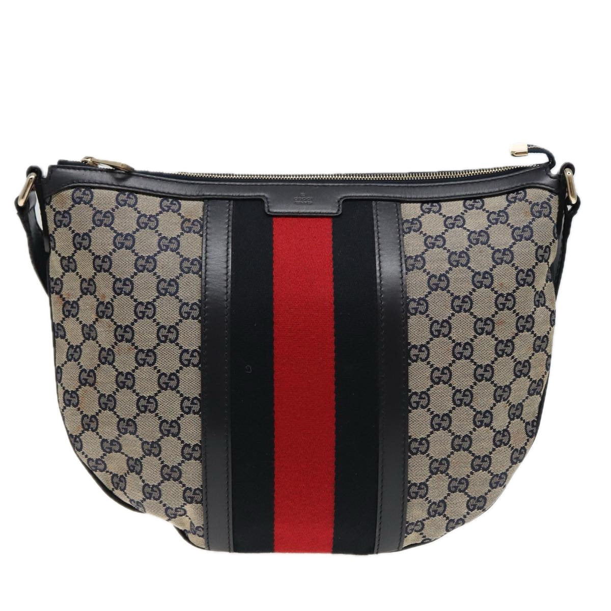 GUCCI GG Canvas Sherry Line Shoulder Bag Navy Red 257032 Auth 80828