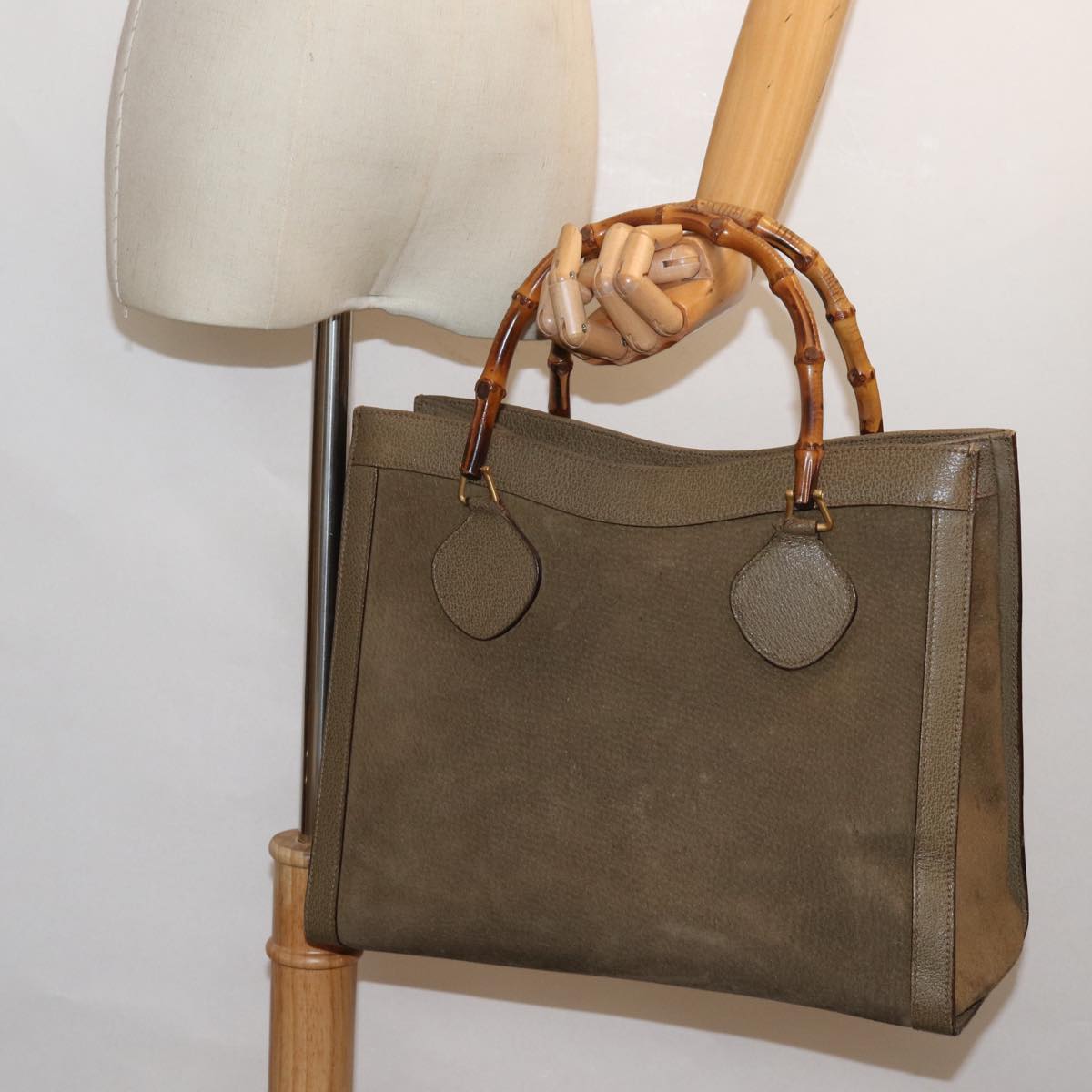 GUCCI Bamboo Hand Bag Suede Leather Khaki 002 1186 0260 Auth 80840