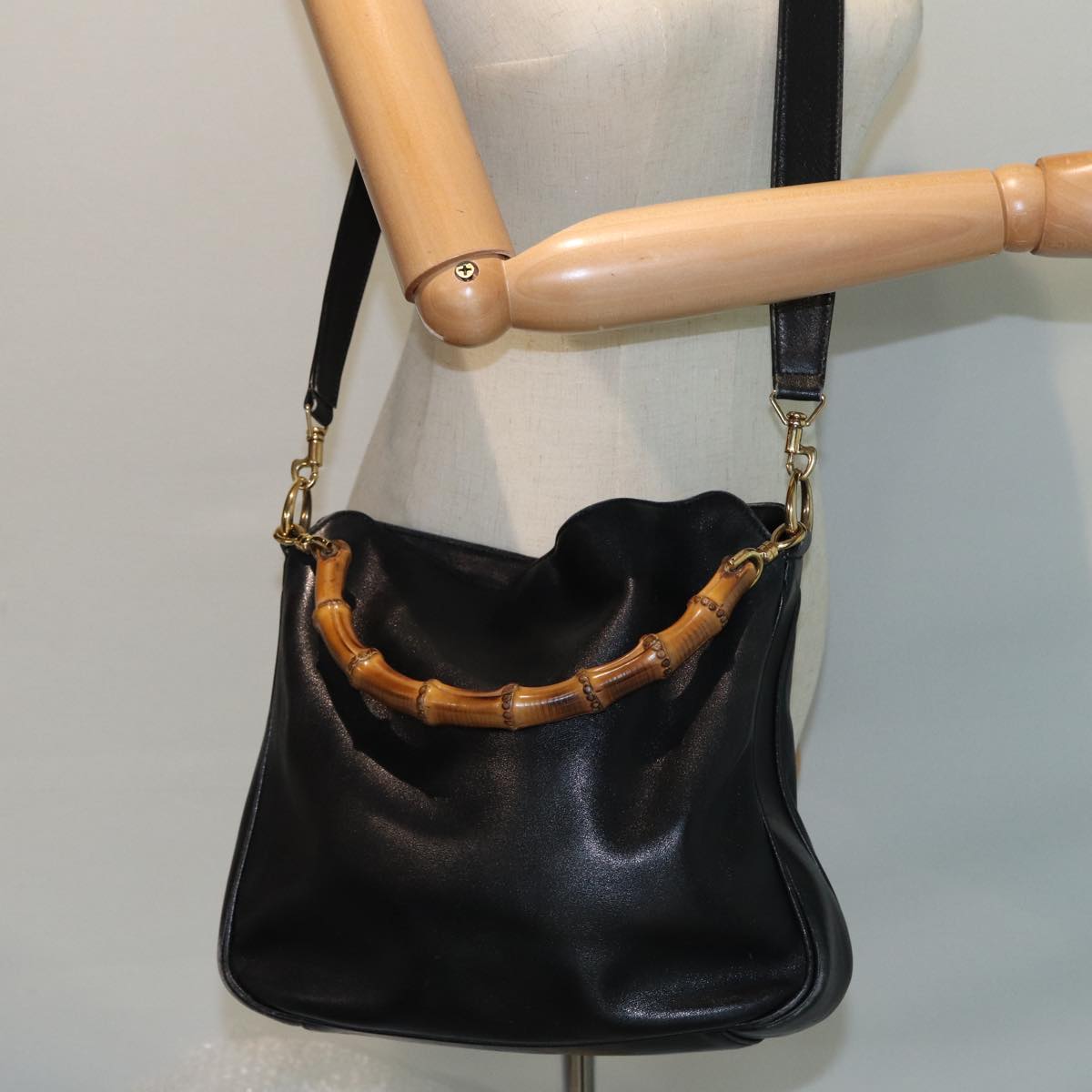 GUCCI Bamboo Shoulder Bag Leather 2way Black 001 3754 1638 Auth 80842