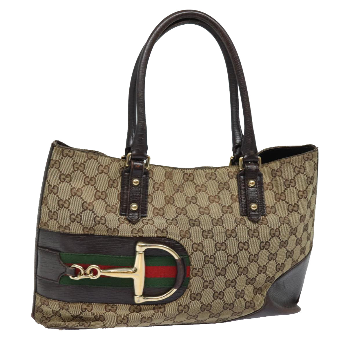 GUCCI GG Canvas Web Sherry Line Horsebit Tote Bag Beige Red 137385 Auth 80847