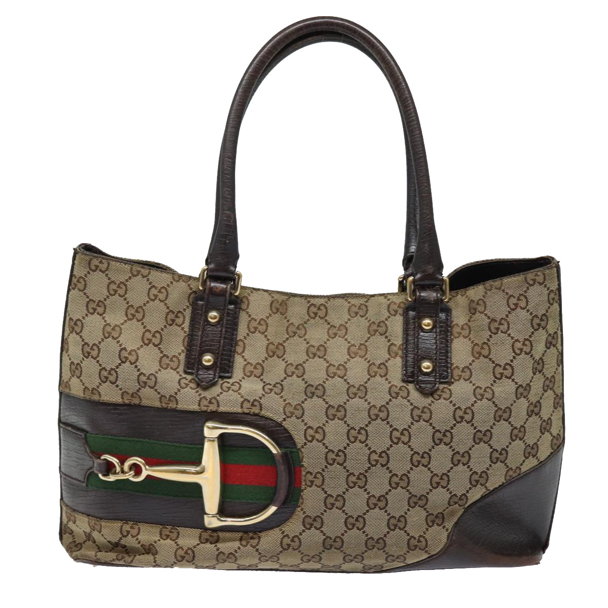 GUCCI GG Canvas Web Sherry Line Horsebit Tote Bag Beige Red 137385 Auth 80847 - 0