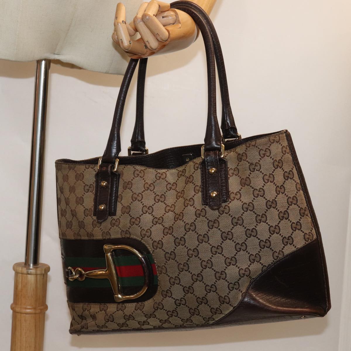 GUCCI GG Canvas Web Sherry Line Horsebit Tote Bag Beige Red 137385 Auth 80847