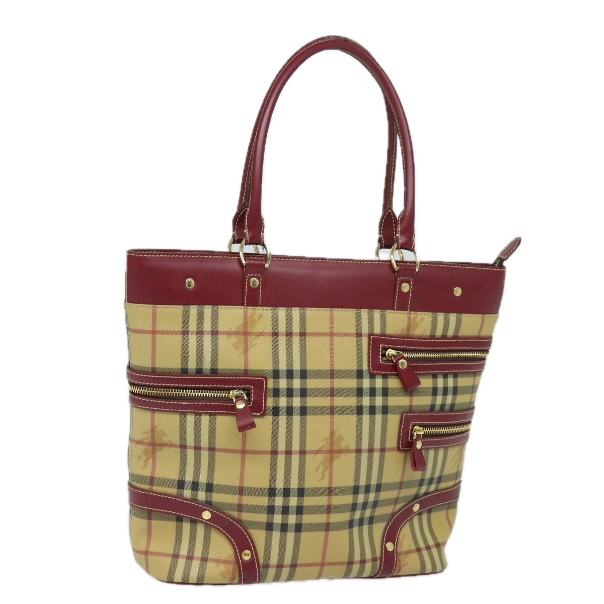 BURBERRY Nova Check Tote Bag PVC Leather Beige Wine Red Auth 80860