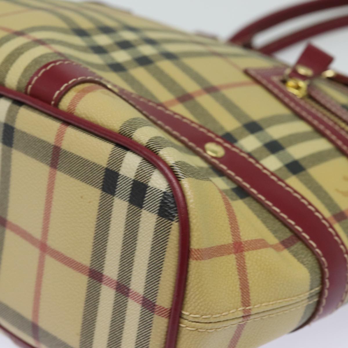 BURBERRY Nova Check Tote Bag PVC Leather Beige Wine Red Auth 80860