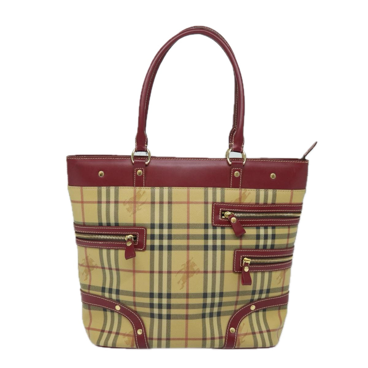 BURBERRY Nova Check Tote Bag PVC Leather Beige Wine Red Auth 80860