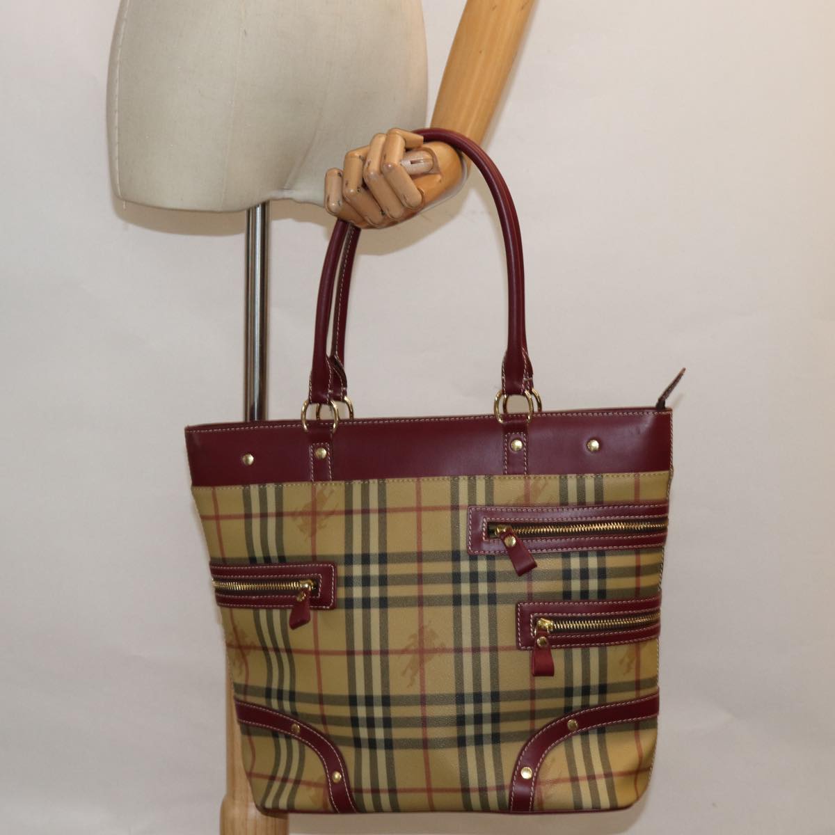 BURBERRY Nova Check Tote Bag PVC Leather Beige Wine Red Auth 80860