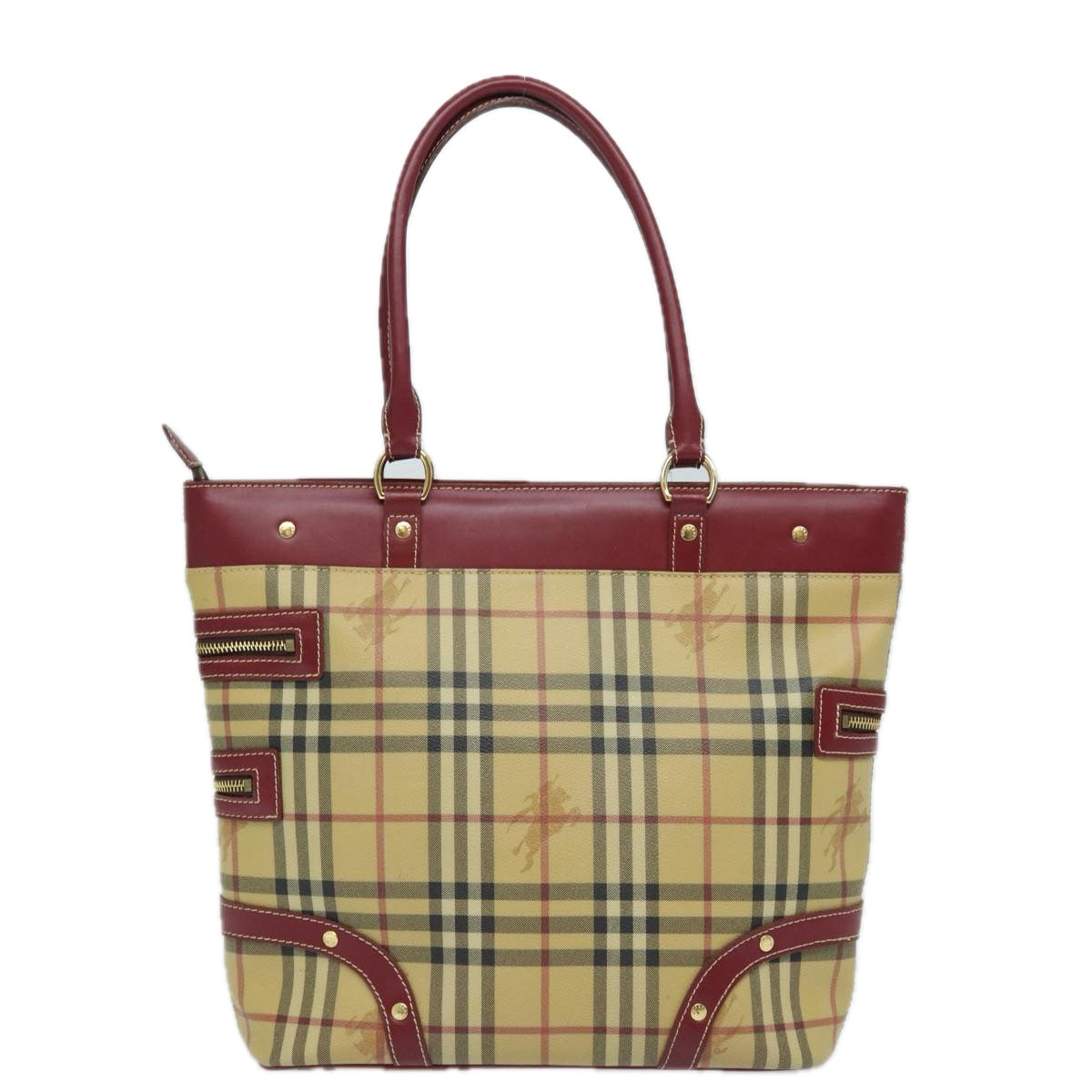 BURBERRY Nova Check Tote Bag PVC Leather Beige Wine Red Auth 80860