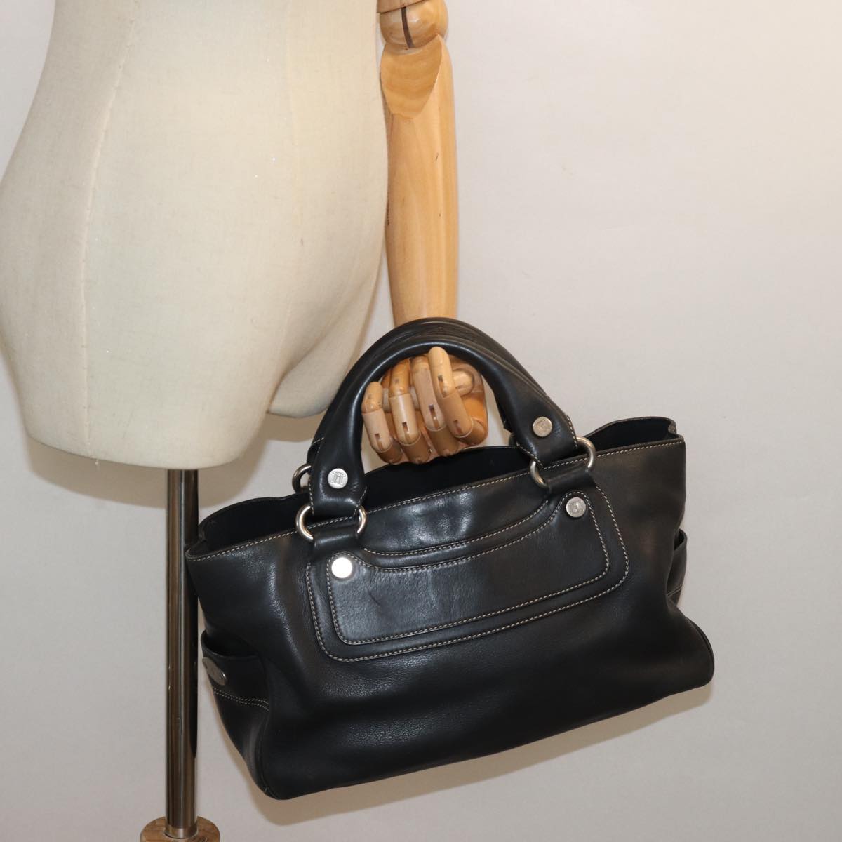 CELINE Hand Bag Leather Black Auth 80876