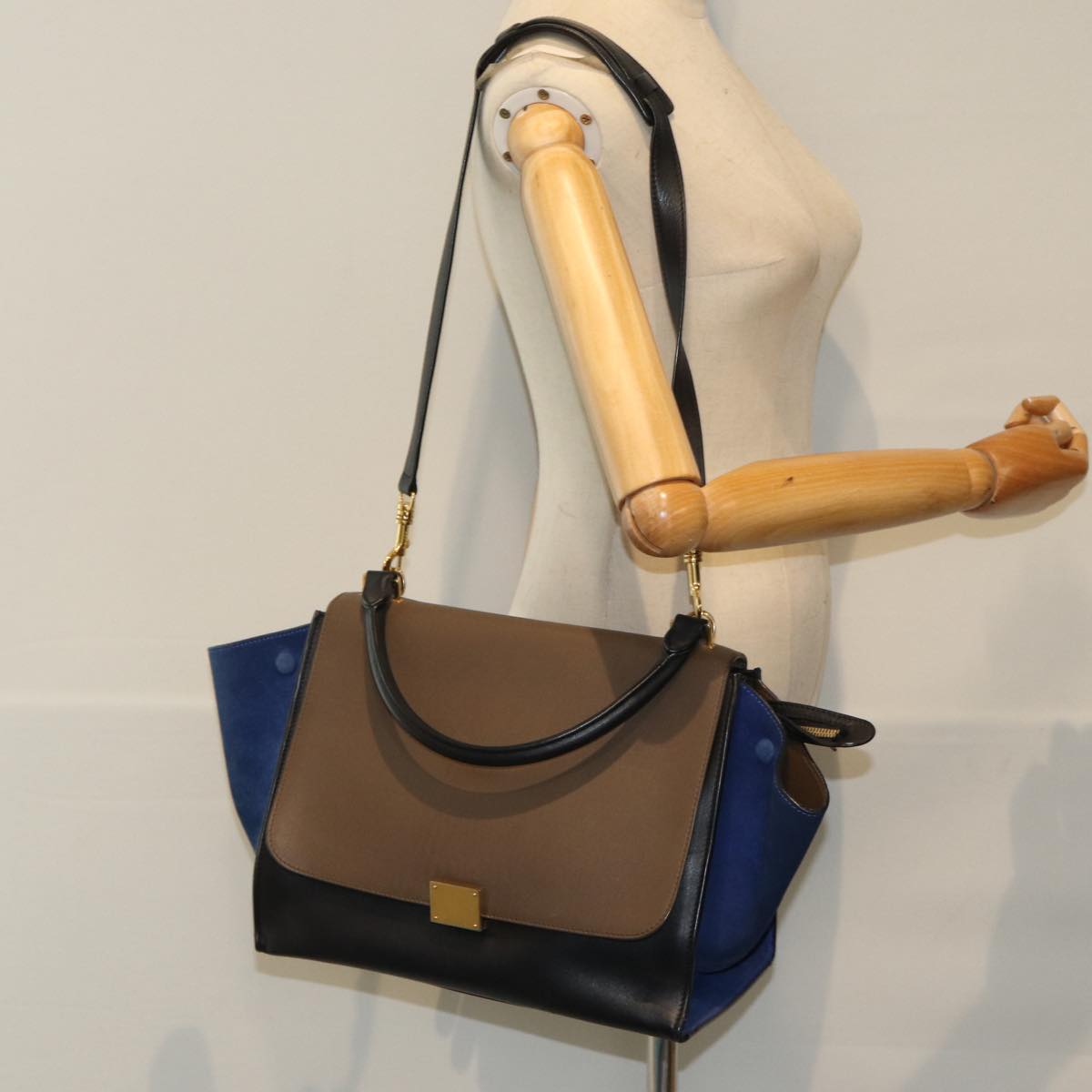 CELINE Hand Bag Leather Suede Brown Black blue Auth 80877