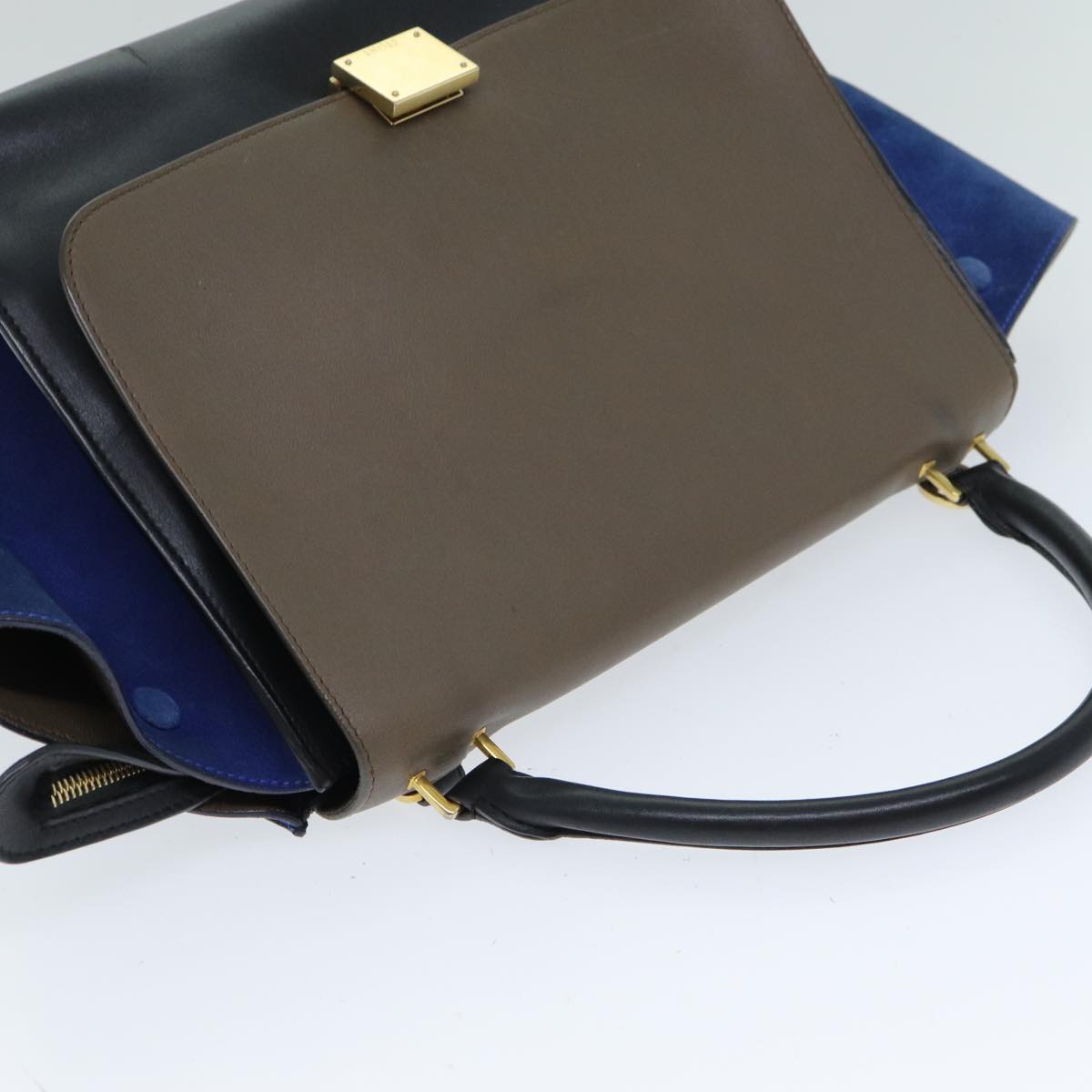 CELINE Hand Bag Leather Suede Brown Black blue Auth 80877