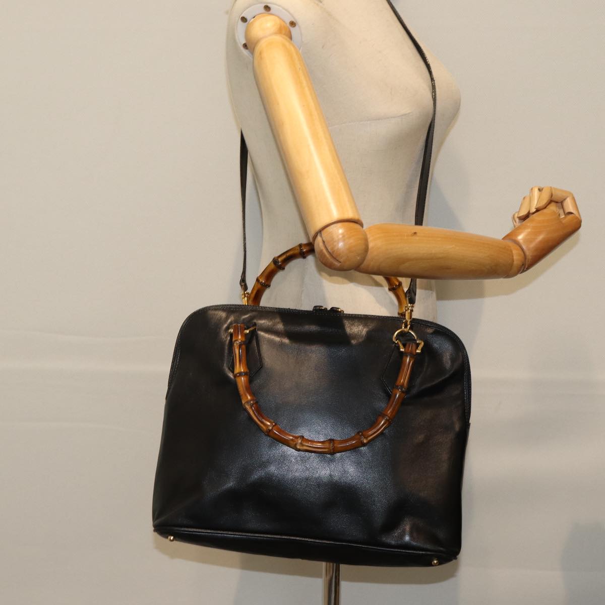 GUCCI Bamboo Hand Bag Leather 2way Black 000 1186 0289 Auth 80888