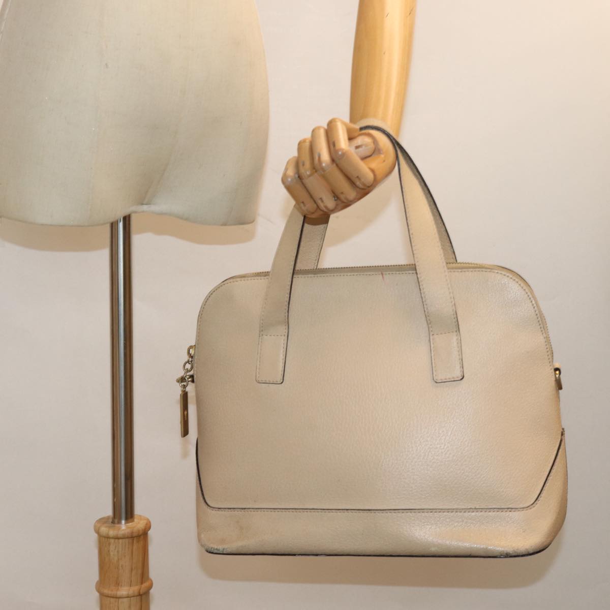 CELINE Hand Bag Leather Beige Auth 80891