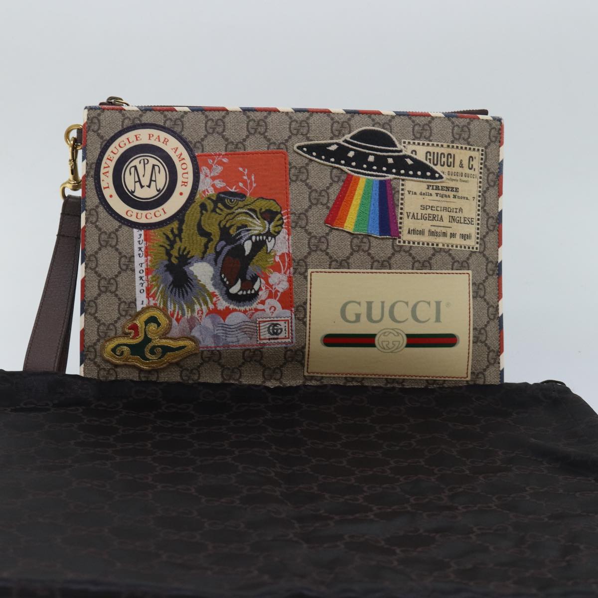 GUCCI GG Supreme Clutch Bag PVC Leather Beige 473915 Auth 80898