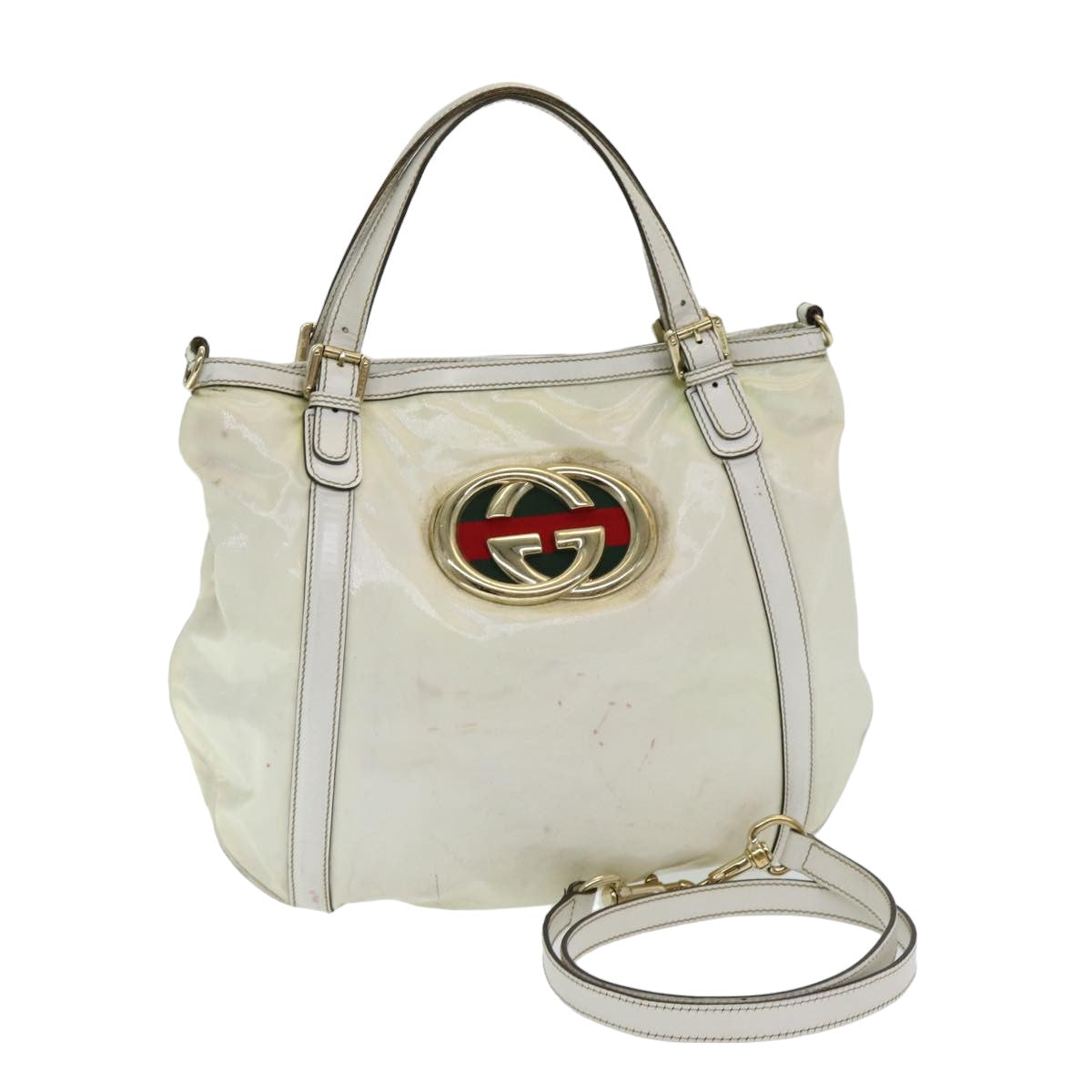 GUCCI Interlocking Web Sherry Bag Coated Canvas 2way White 162886 Auth 80900