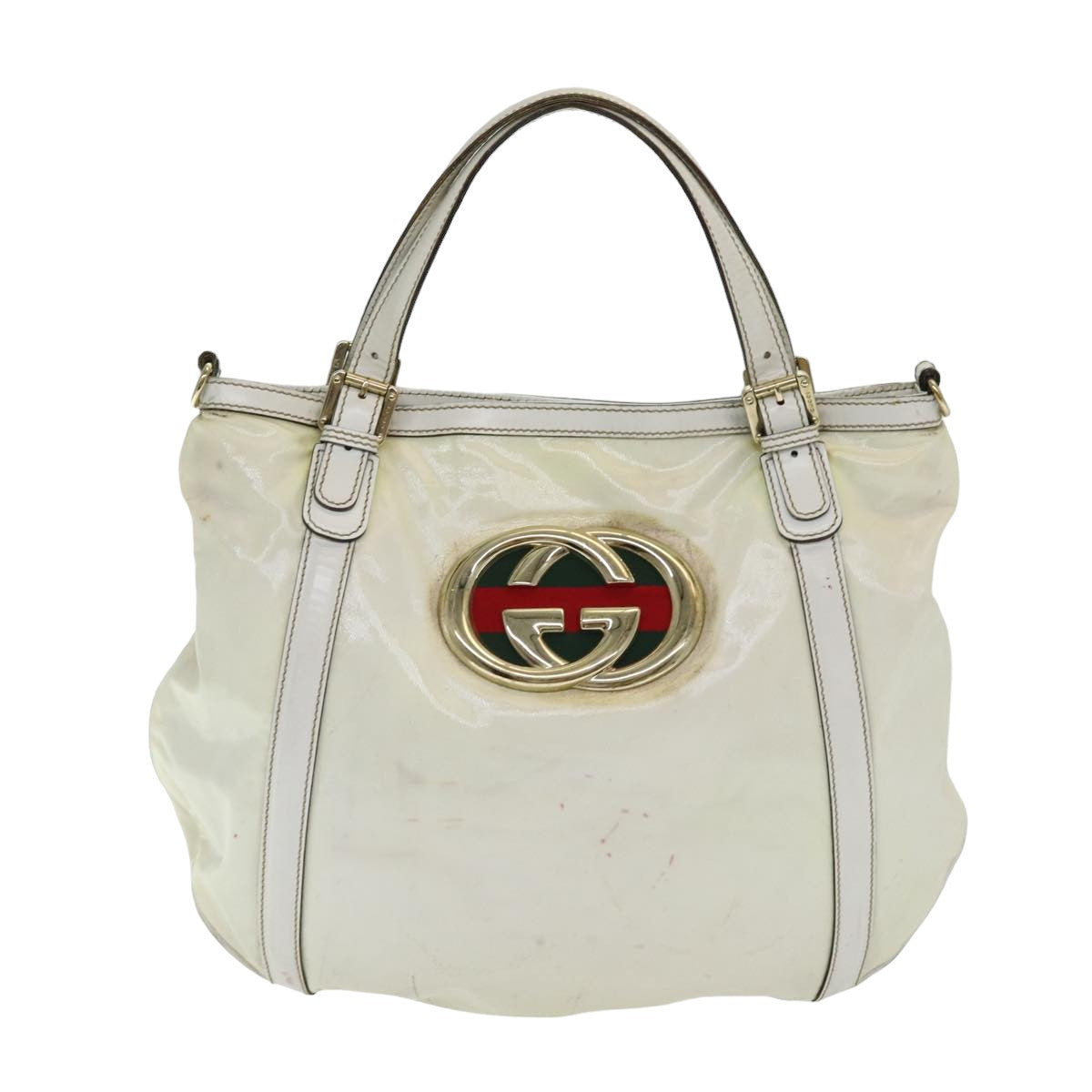 GUCCI Interlocking Web Sherry Bag Coated Canvas 2way White 162886 Auth 80900