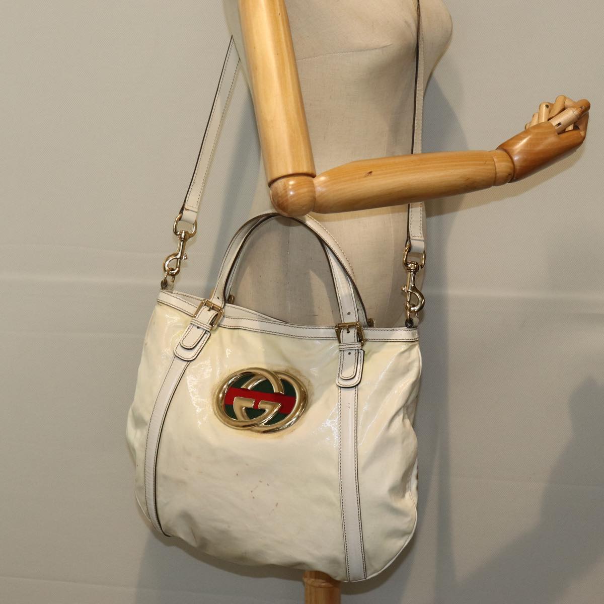 GUCCI Interlocking Web Sherry Bag Coated Canvas 2way White 162886 Auth 80900