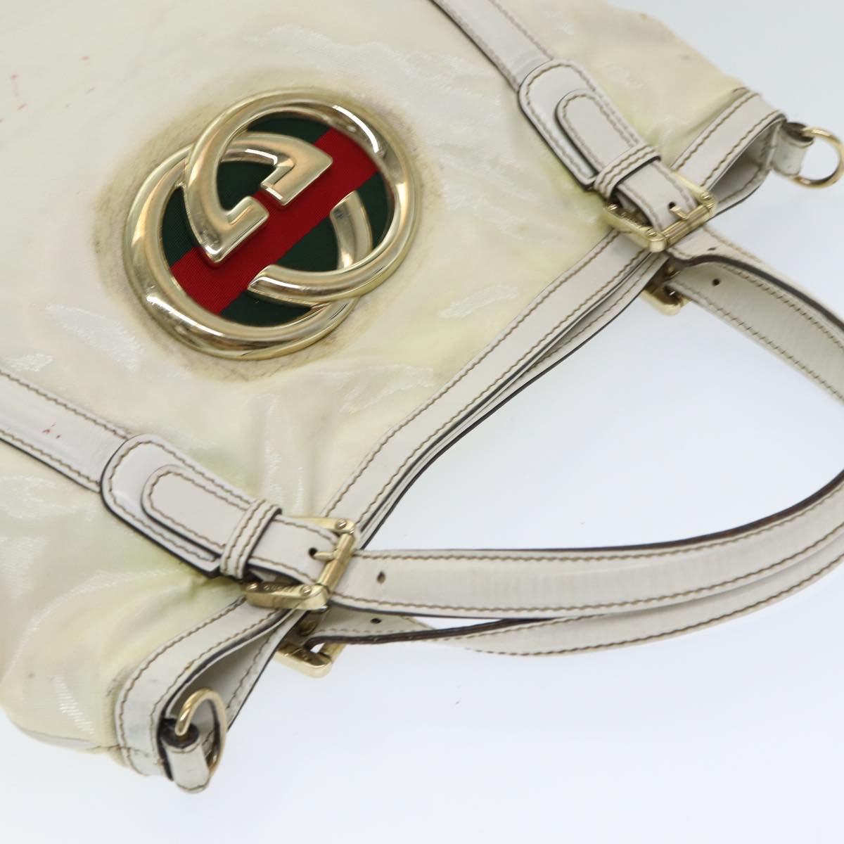 GUCCI Interlocking Web Sherry Bag Coated Canvas 2way White 162886 Auth 80900