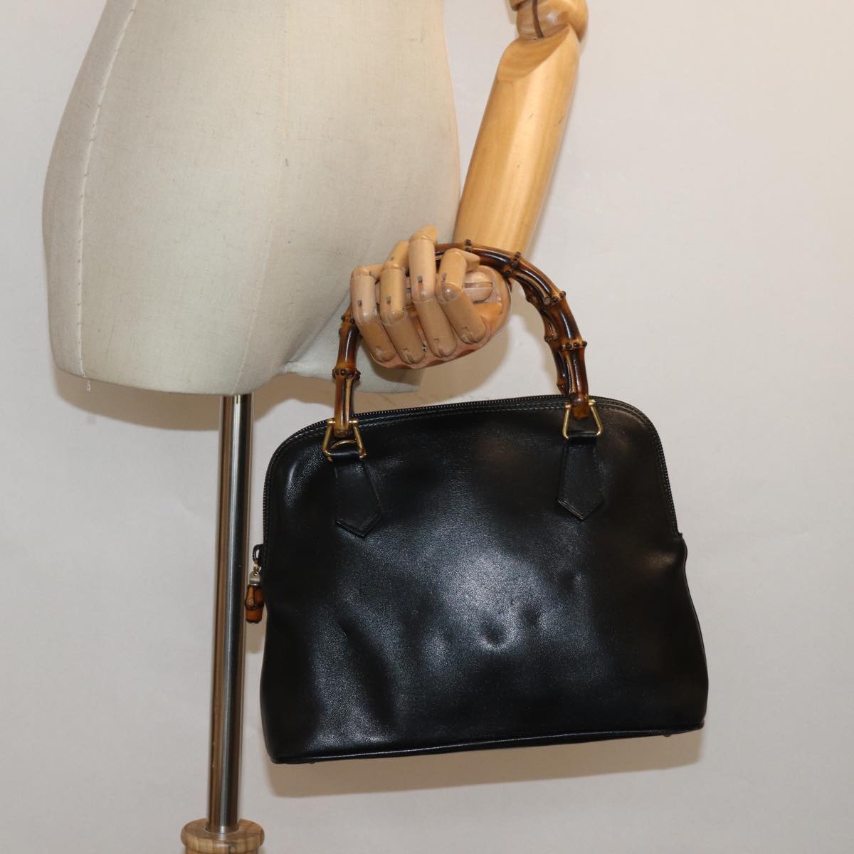 GUCCI Bamboo Hand Bag Leather Black Auth 80943