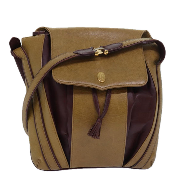 CARTIER Shoulder Bag Leather Beige Red Auth 80947