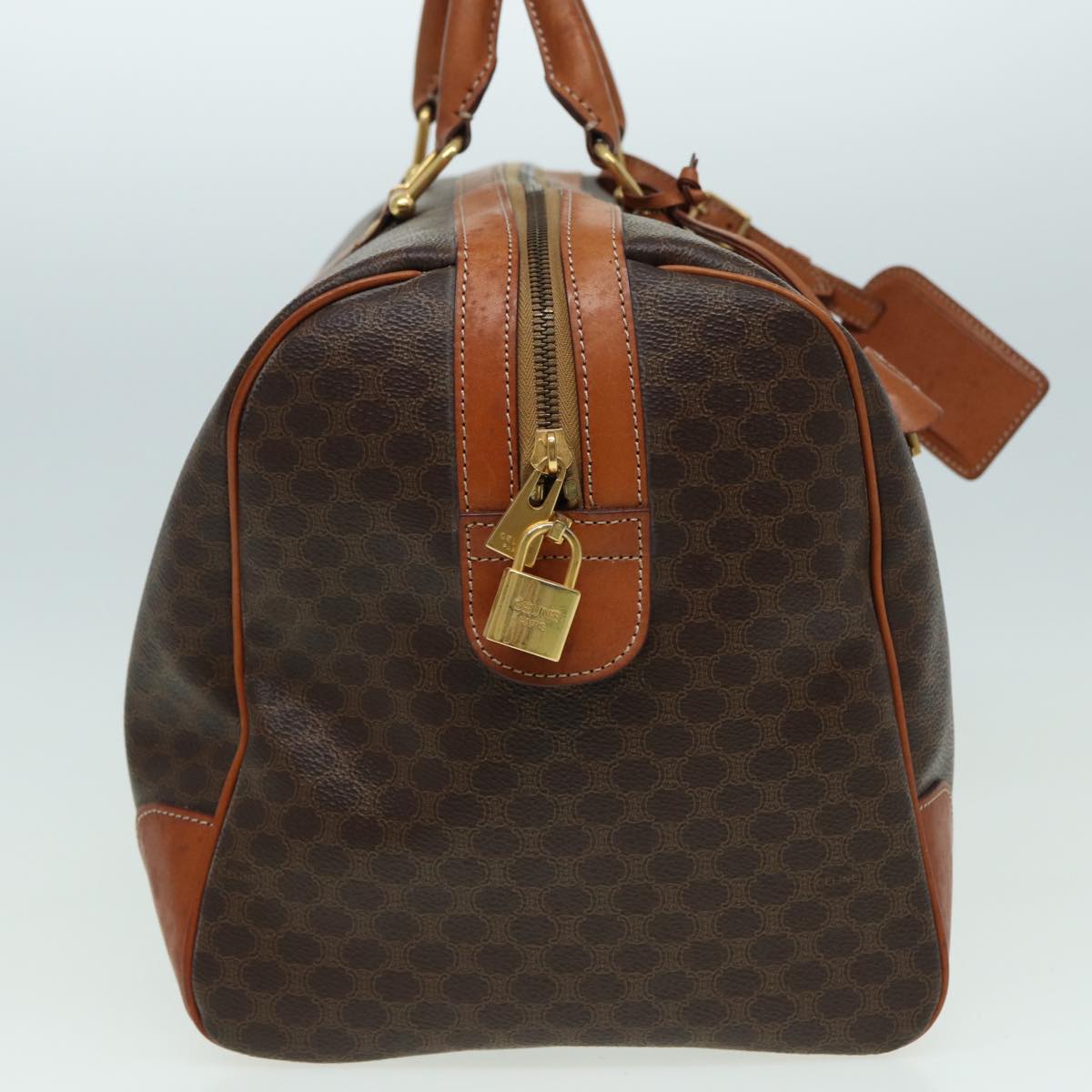 CELINE Macadam Canvas Boston Bag PVC Leather Brown Auth 80956