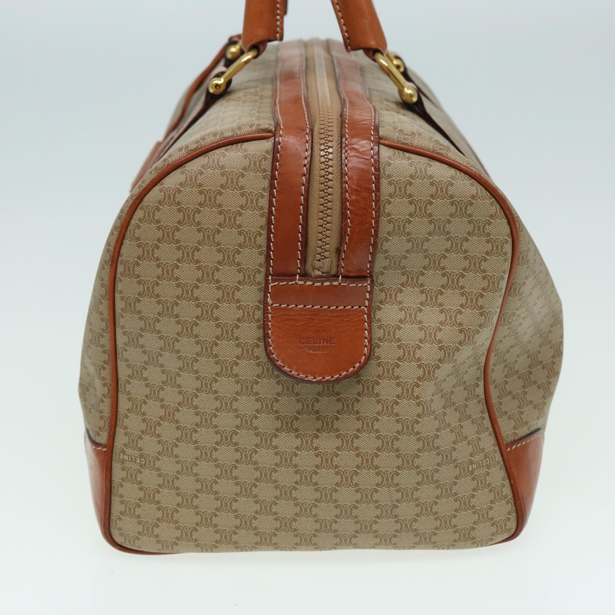 CELINE Macadam Canvas Boston Bag PVC Leather Beige Auth 80957