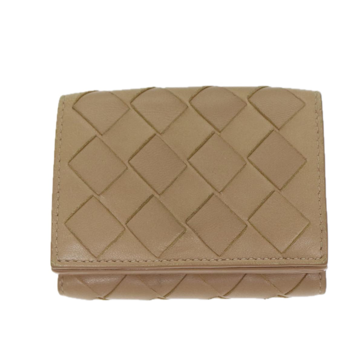 BOTTEGA VENETA INTRECCIATO Compact Wallet Leather Beige Auth 80983