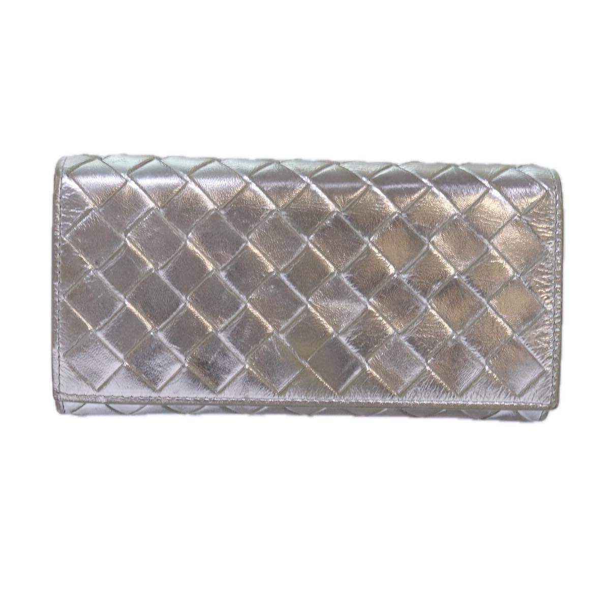 BOTTEGA VENETA INTRECCIATO Long Wallet Leather Silver tone Auth 80984