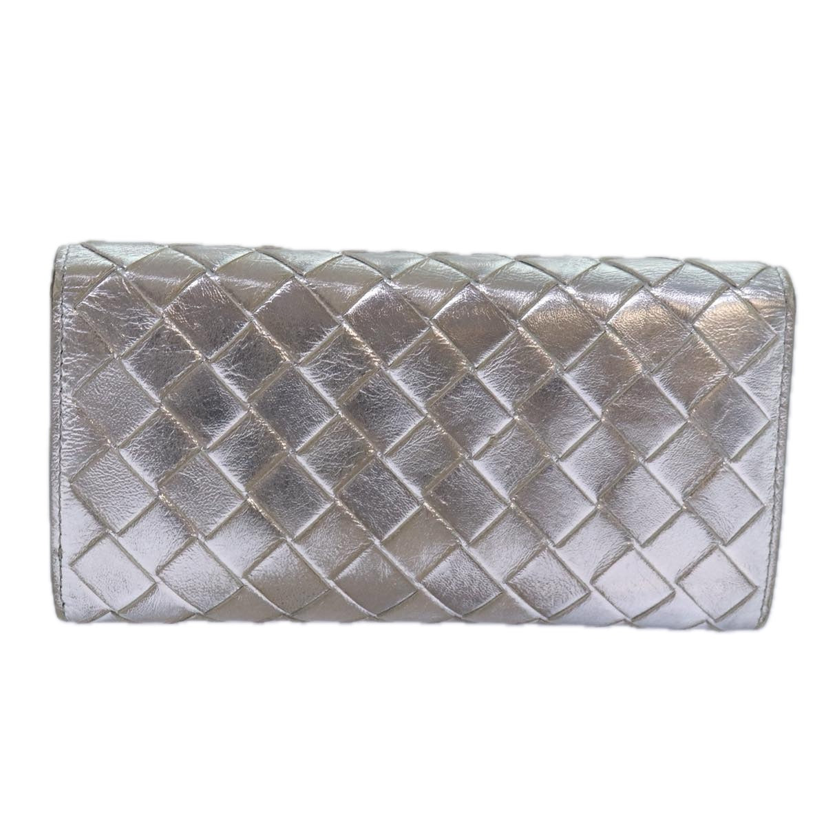 BOTTEGA VENETA INTRECCIATO Long Wallet Leather Silver tone Auth 80984