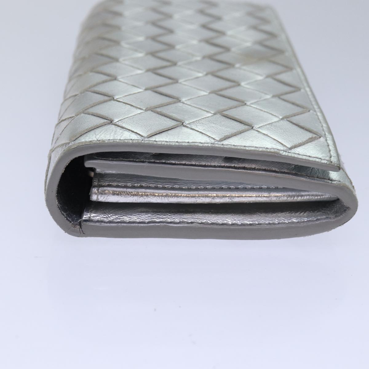 BOTTEGA VENETA INTRECCIATO Long Wallet Leather Silver tone Auth 80984