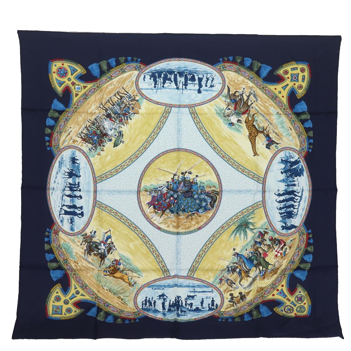 HERMES Carre 90 Scarf CAVALIERS PEULS Silk Navy Auth 80989