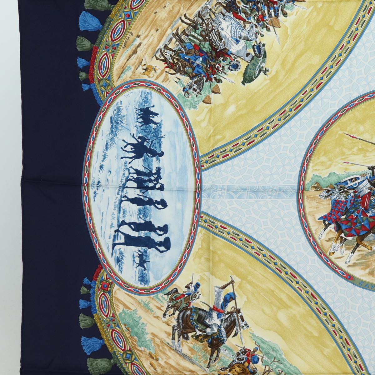 HERMES Carre 90 Scarf CAVALIERS PEULS Silk Navy Auth 80989