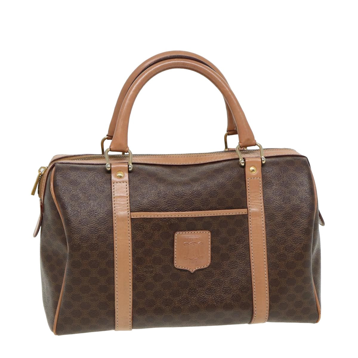 CELINE Macadam Canvas Boston Bag PVC Leather Brown Auth 80990