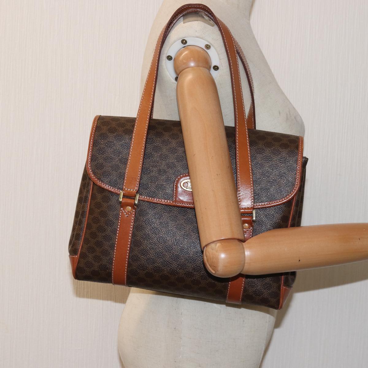 CELINE Macadam Canvas Shoulder Bag PVC Leather Brown Auth 80995