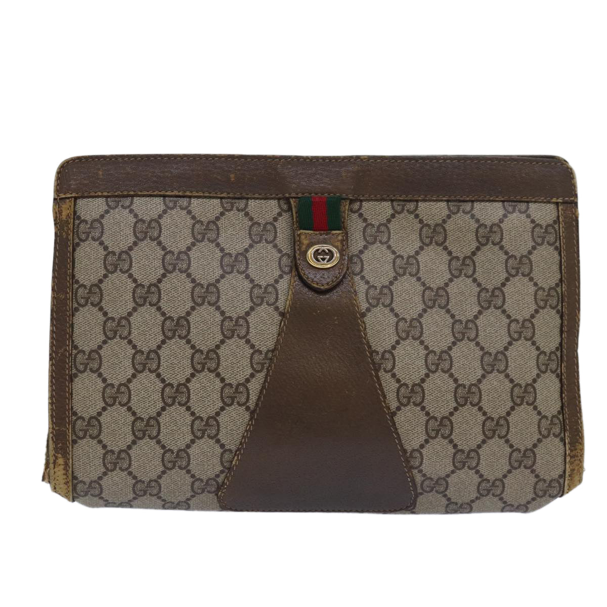 GUCCI GG Supreme Web Sherry Line Clutch Bag PVC Beige Red 89 01 033 Auth 81004