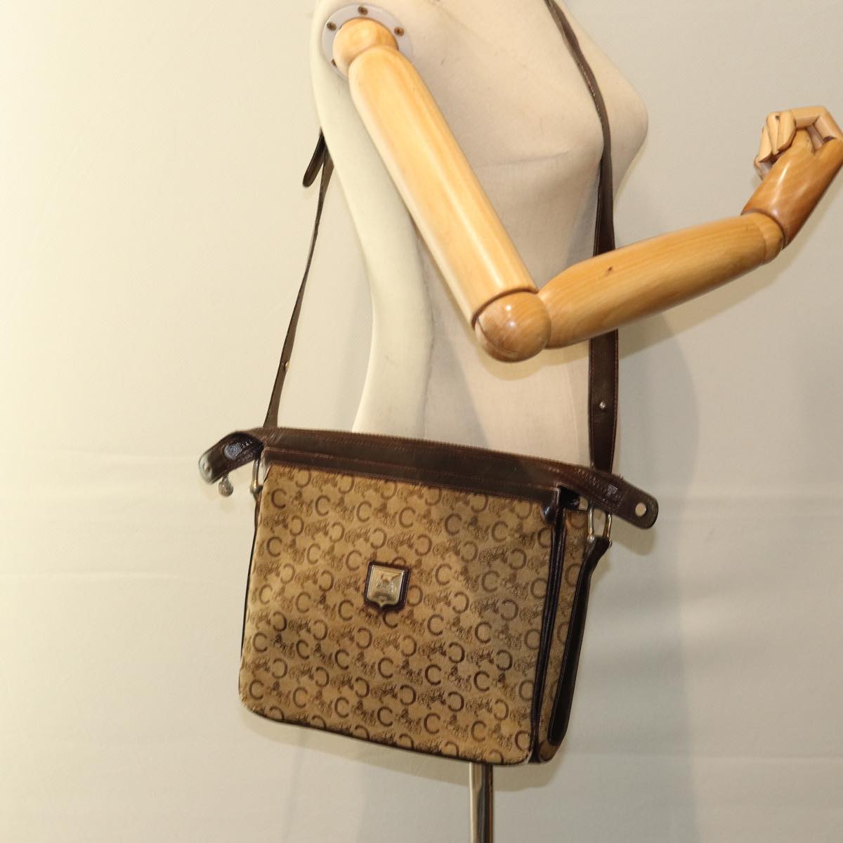 CELINE C Macadam Canvas Shoulder Bag Beige Brown Auth 81007