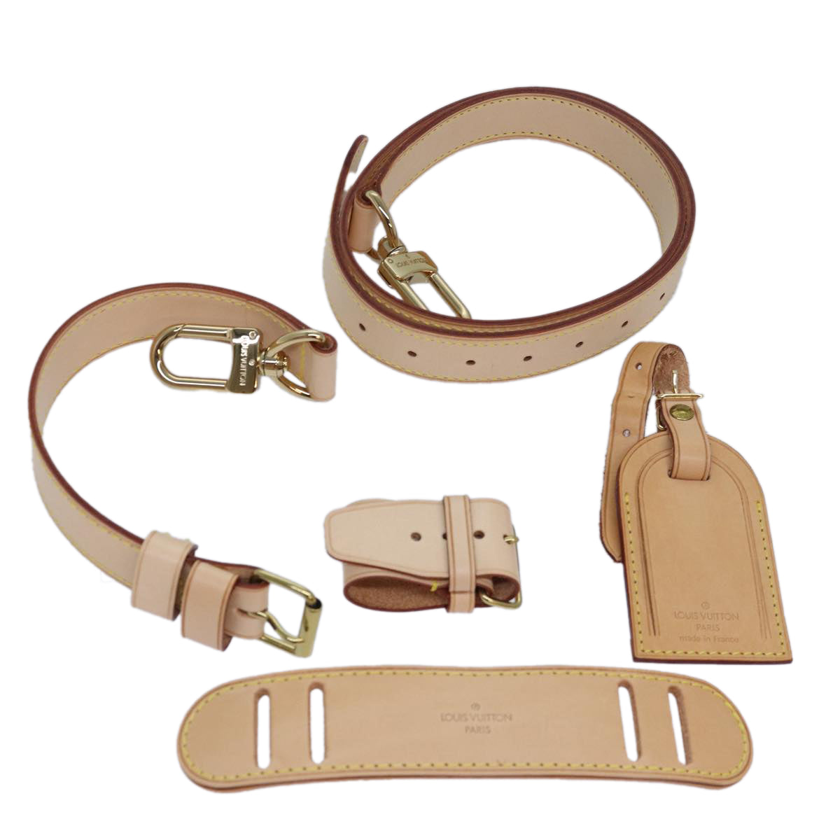 LOUIS VUITTON Powanie Name Tag Shoulder Strap Leather Set Beige LV Auth 81023