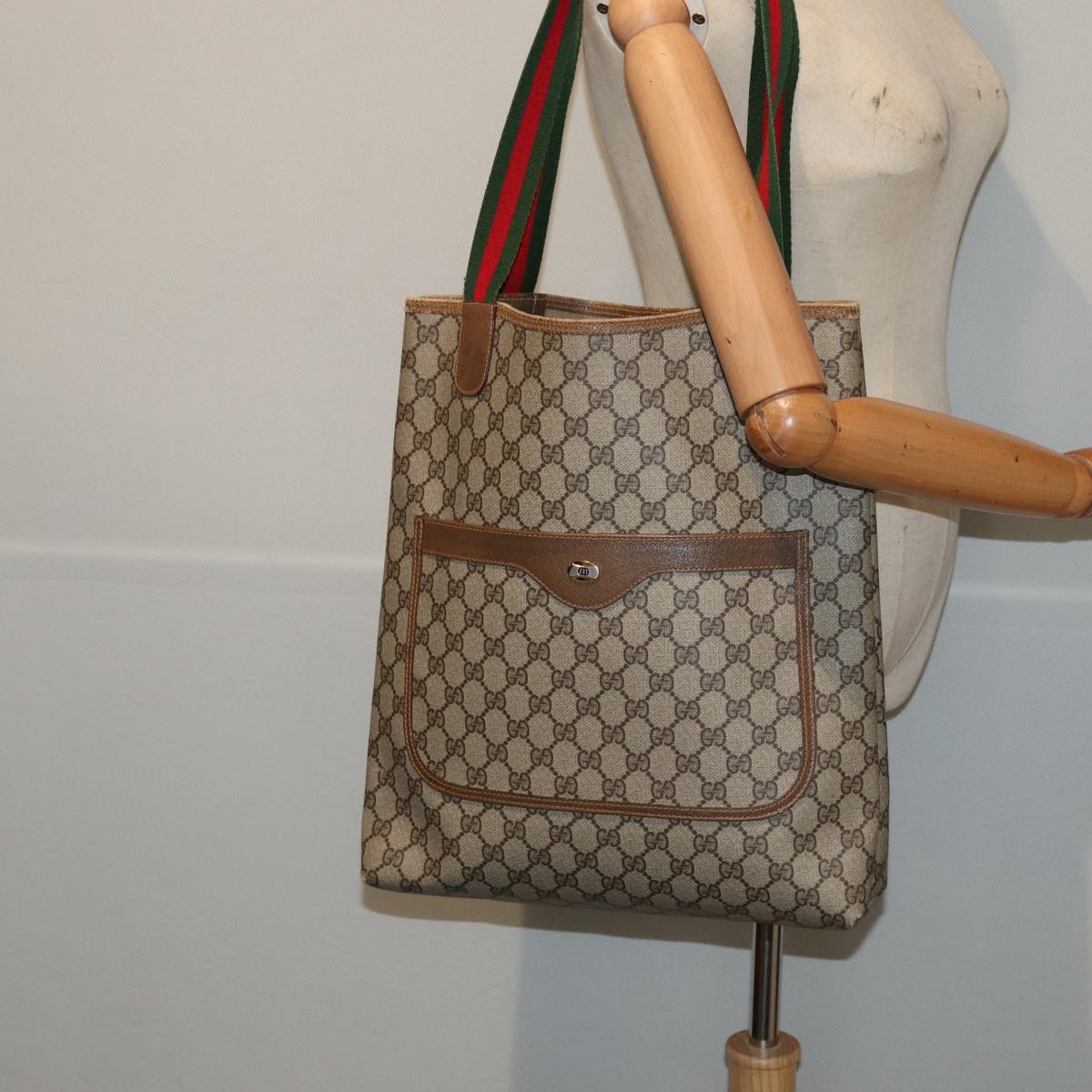 GUCCI GG Supreme Web Sherry Line Tote Bag PVC Leather Beige Red Green Auth 81047